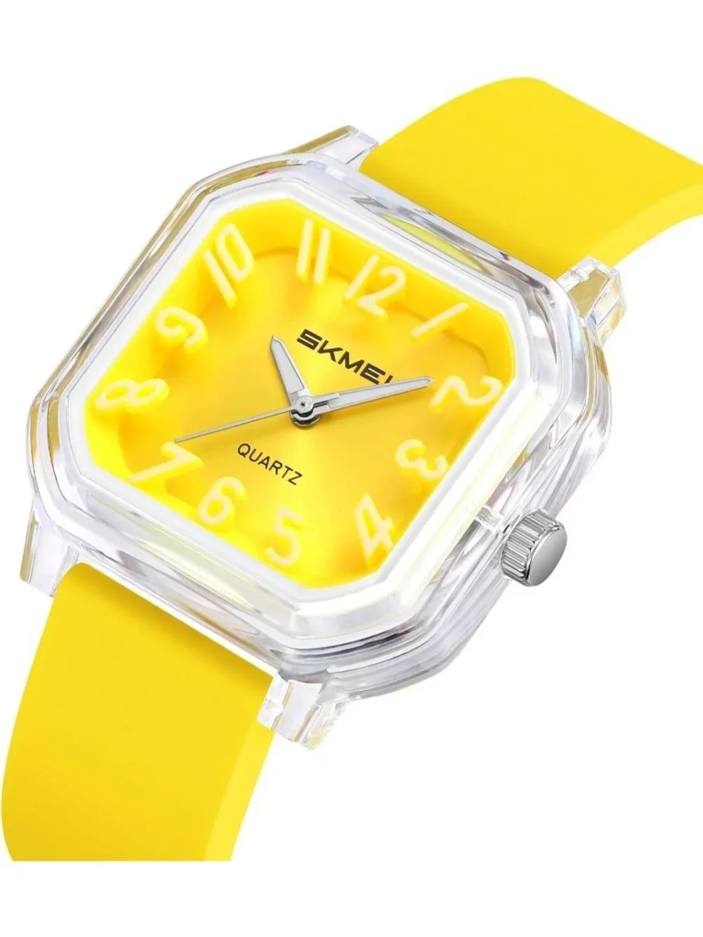 Women’s Yellow Big Arabic Numbers Silicone Strap Analog Square Wrist Watch